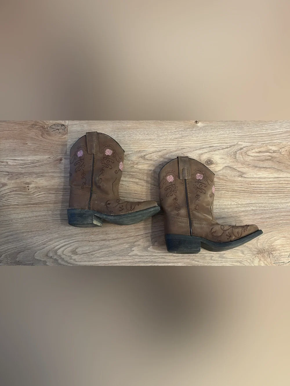 Shyanne Brown Kids Cowboy Boots with Pink Flower Accents